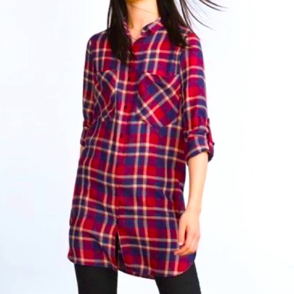 Zara Trafaluc Plaid Flannel Shirt Button Down Red / Blue Tunic Small - Picture 3 of 15